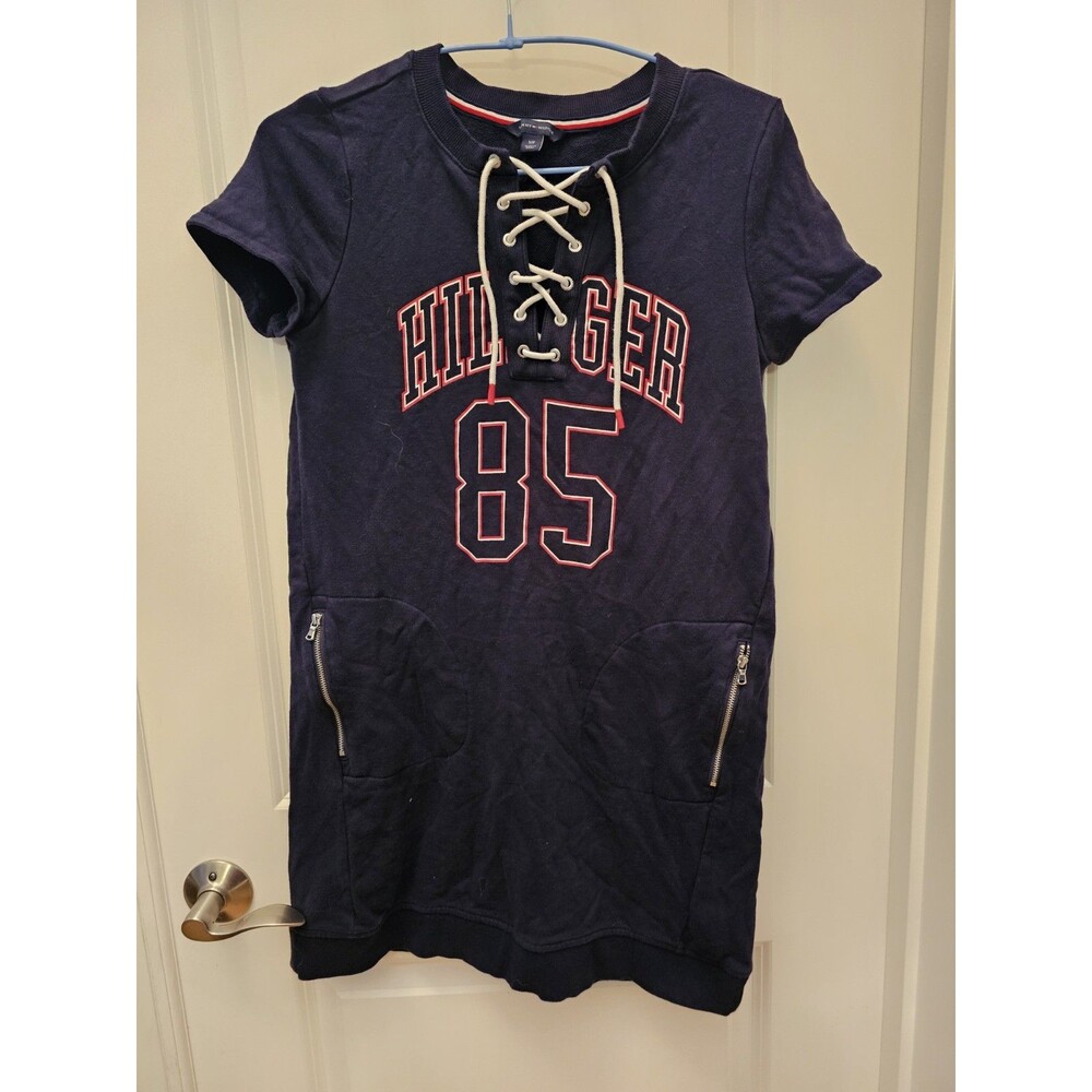 Tommy Hilfiger Women’s Navy Lace Up Sheath Sweatshirt Dress Size Small 85 Logo
